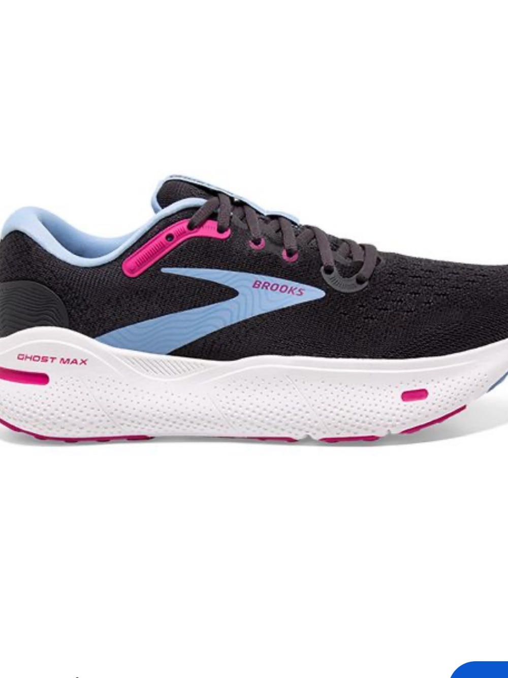 Brooks Women’s Ghost Max Running Shoe — Black with Blue & Pink Accents size 8